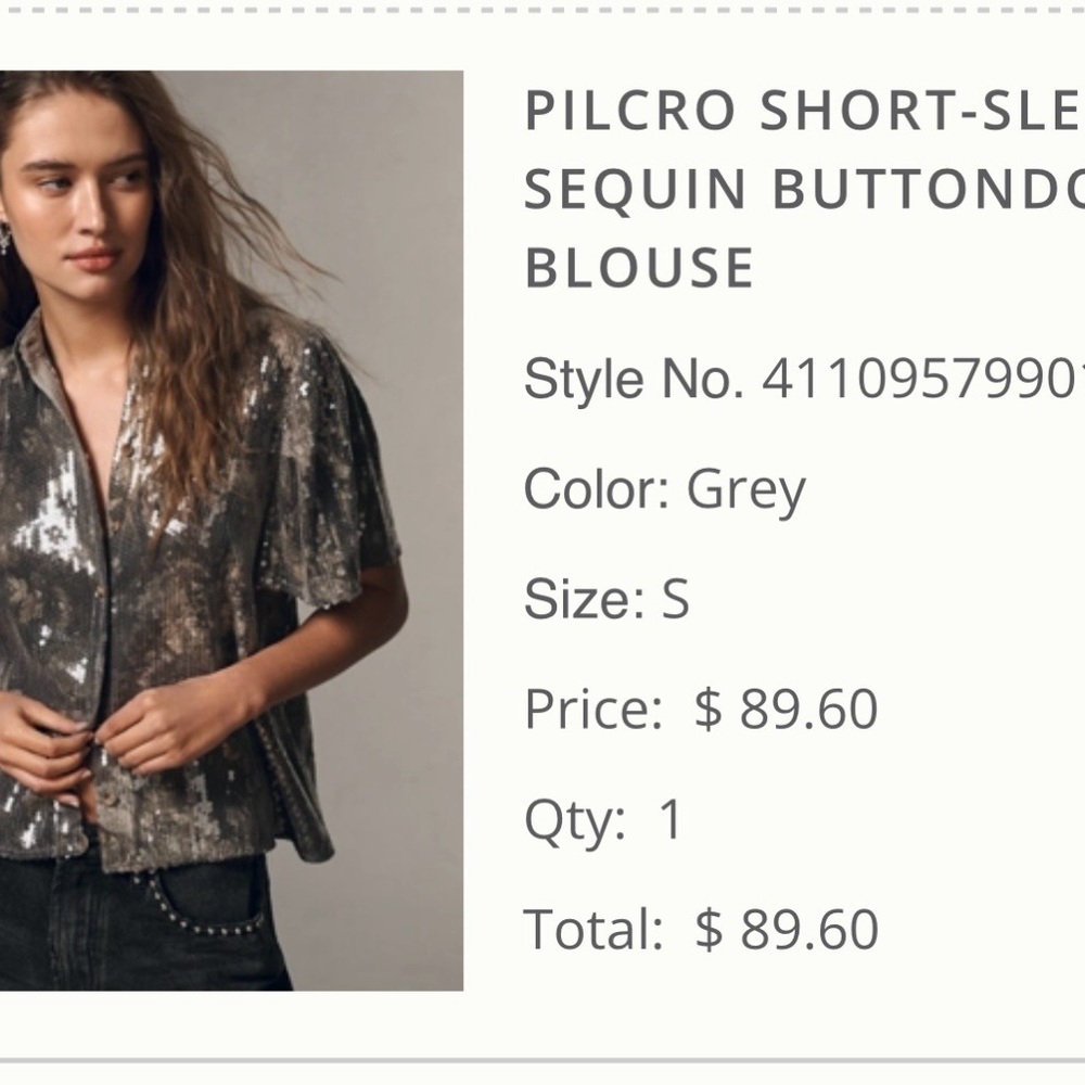 Pilcro Sequined Short-Sleeve Button-Up Top in silver/grey